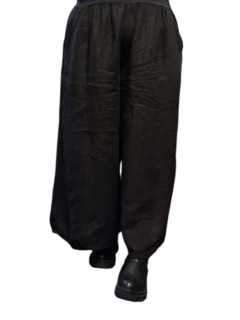 Wijde broek bruin met brede rekbare tailleband 100% linnen