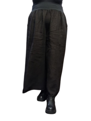 Wijde broek bruin met brede rekbare tailleband 100% linnen