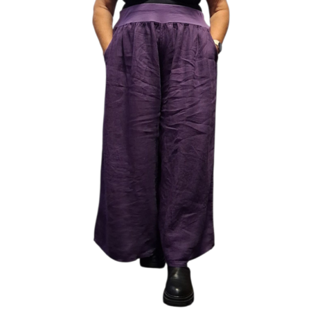 Wijde broek purple met brede rekbare tailleband 100% linnen