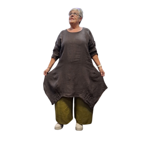 Lange-tuniek-A-lijn-bruin 100%-linnen