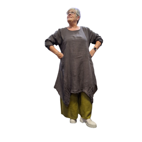 Lange-tuniek-A-lijn-bruin 100%-linnen