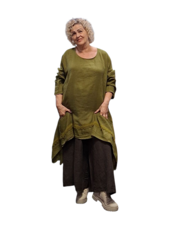 Tuniek groen A lijn 100%-linnen met kant