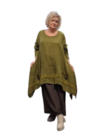 Tuniek groen A lijn 100%-linnen met kant