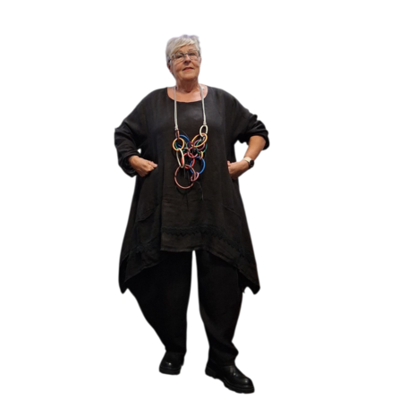 Tuniek  zwart A lijn 100%-linnen met kant