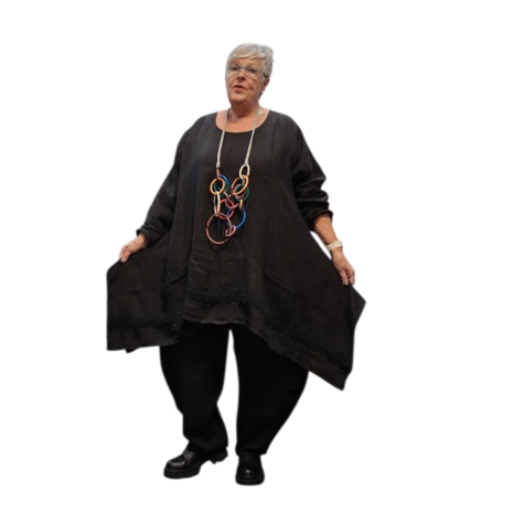 Tuniek  zwart A lijn 100%-linnen met kant