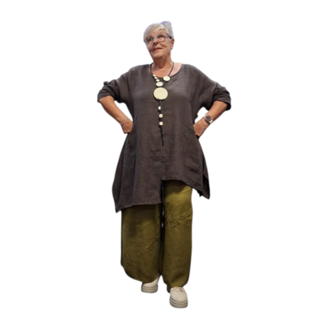 A-lijn tuniek  bruin 100%-linnen asymmetrisch