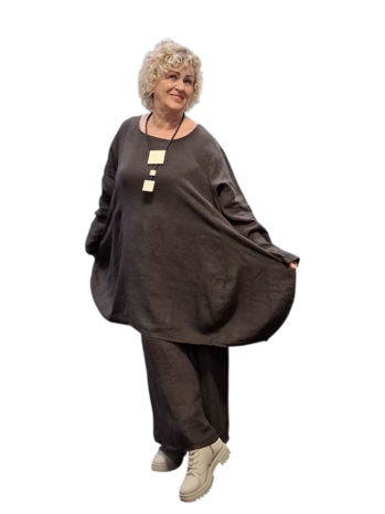  Ballon tuniek A-lijn bruin100% linnen