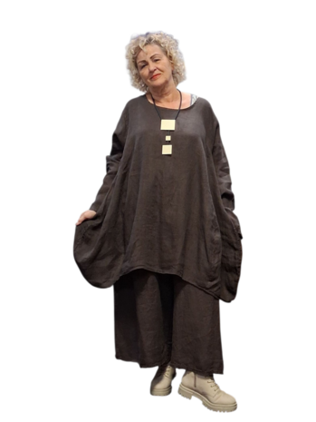  Ballon tuniek A-lijn bruin100% linnen