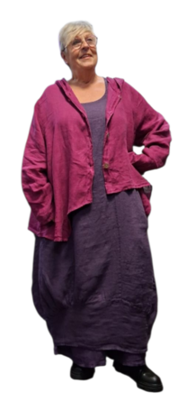 Jasje/vest paars met puntmuts, asymmetrisch 100% linnen