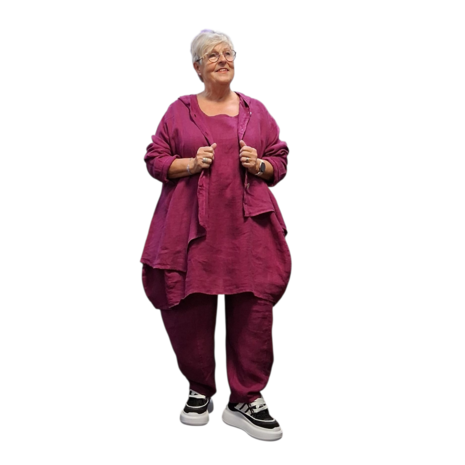 Jasje/vest paars met puntmuts, asymmetrisch 100% linnen