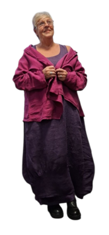 Jasje/vest paars met puntmuts, asymmetrisch 100% linnen