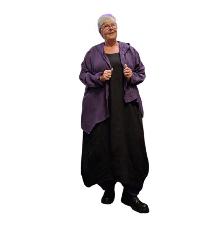 Jasje/vest purple met puntmuts, asymmetrisch 100% linnen