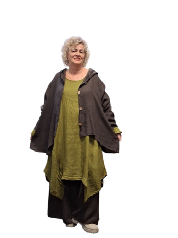 Jasje/vest bruin met puntmuts, asymmetrisch 100% linnen