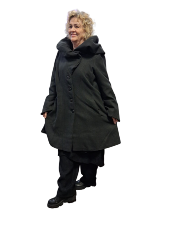 Warme mantel met grote ballonkraag / capuchon antraciet