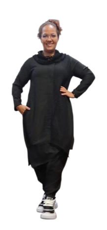 Jurk zwart met netlaag en kraag-asymmetrische zoom 