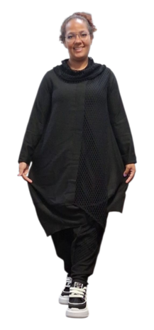 Jurk zwart met netlaag en kraag-asymmetrische zoom 