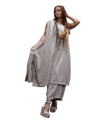 Jurk- lange zand tuniek mouwloos-tricot 