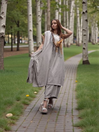 Jurk- lange zand tuniek mouwloos-tricot 