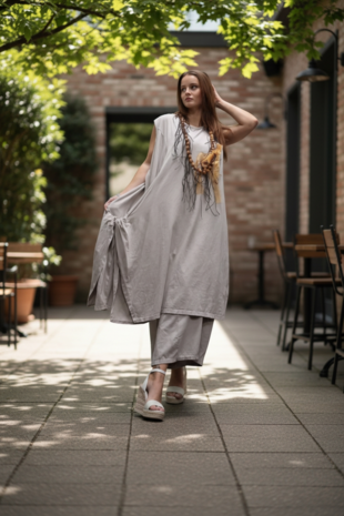 Jurk- lange zand tuniek mouwloos-tricot 