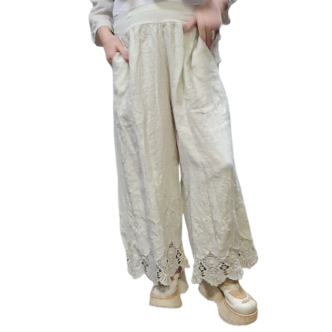 Wijde broek zand met kanten zoom 100% linnen 