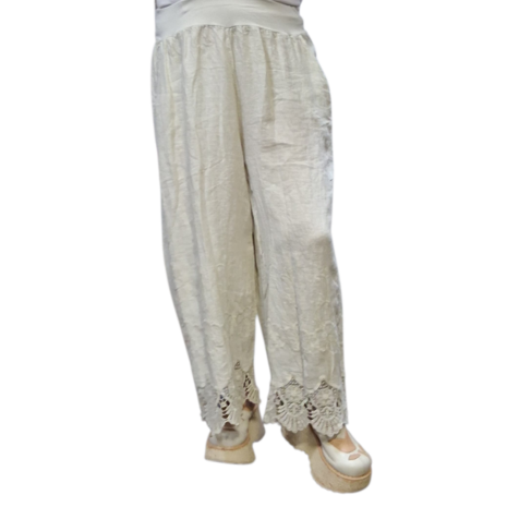 Wijde broek zand met kanten zoom 100% linnen 
