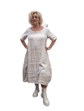 Jurk beige/wit gestreept 100% linnen