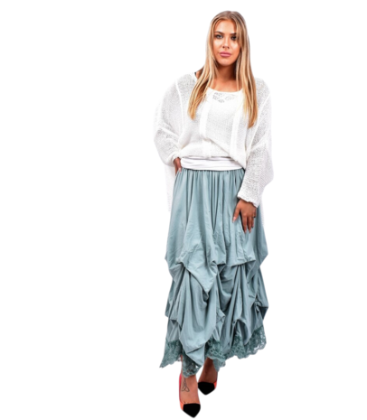 Rok, mintgroen, met ophaaltjes ,rekbare taille, in lengte verstelbare rok, kantzoom