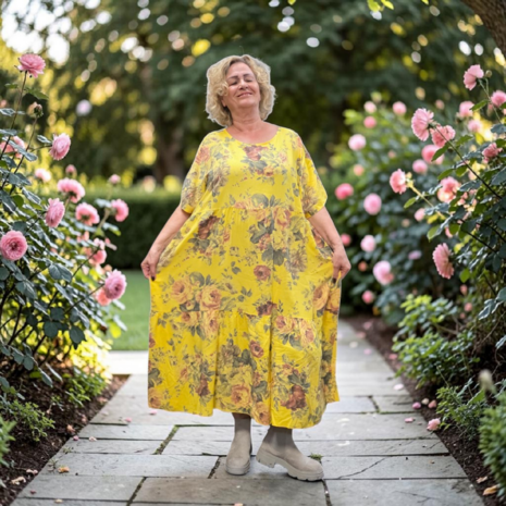 Jurk, geel met print 