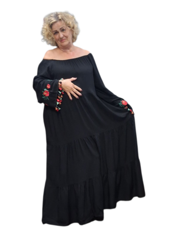 Jurk Off-shoulder zwart bohemian met borduursel