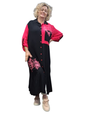 Lange blouse/jurk zwart fuchsia met borduursel