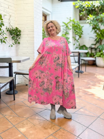  Jurk, fuchsia met print 