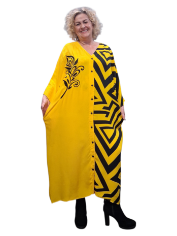 Kaftan geel met zwart print