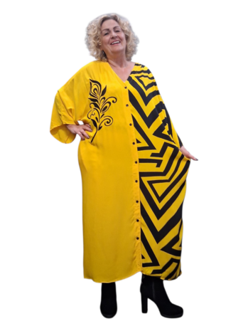 Kaftan geel met zwart print
