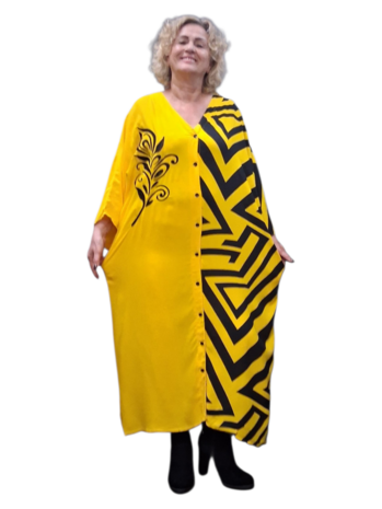 Kaftan geel met zwart print