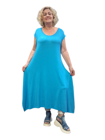 Jurk blauw A-lijn met kapmouw