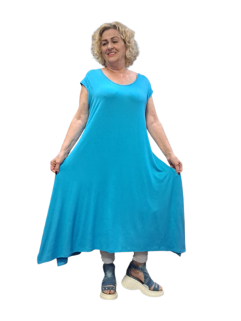 Jurk blauw A-lijn met kapmouw