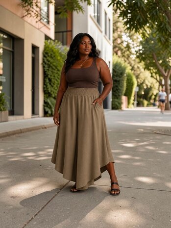 Curvy ruim vallende broekrok taupe rekbare tailleband