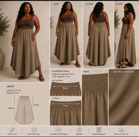 Curvy ruim vallende broekrok taupe rekbare tailleband