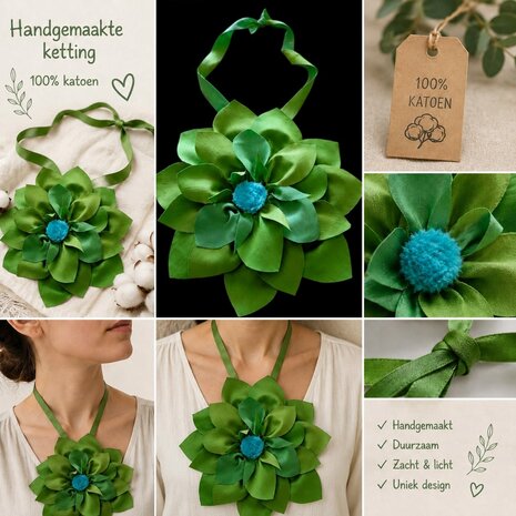 Handgemaakte ketting groen met grote bloem