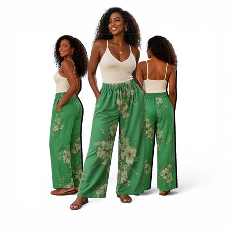 Zomerbroek groen met print en rekbare taille