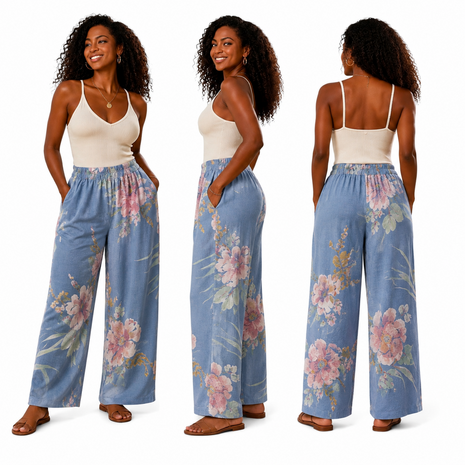 Zomerbroek blauw met print en rekbare taille