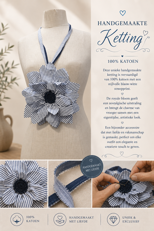 Handgemaakte ketting blauw streep met bloem