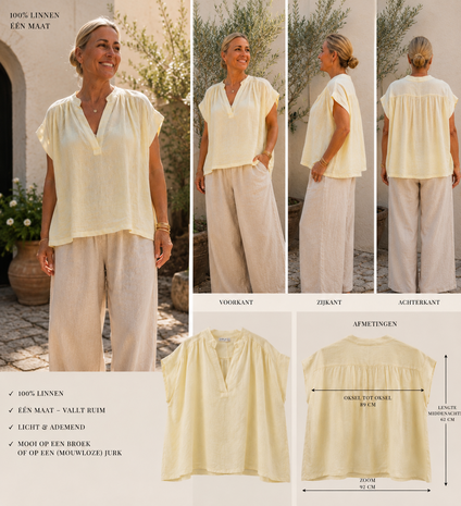 100% linnen curvy top geel met geplooide inzet