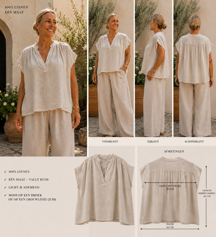 100% linnen curvy top zand met geplooide inzet