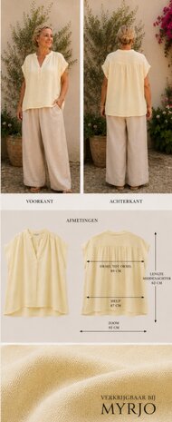 100% linnen curvy top geel met geplooide inzet
