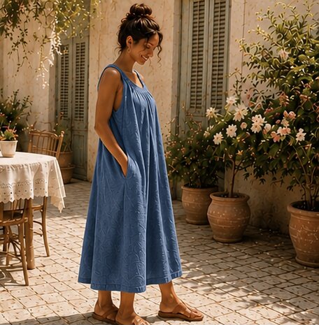 100% linnen Zomerjurk jeans blauw met rekbare hals 