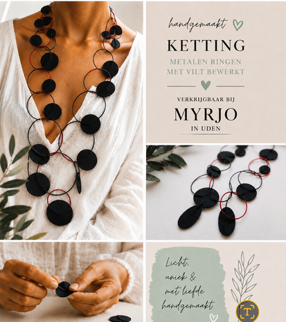 Handgemaakte ketting zwart met rood/zwarte ringen