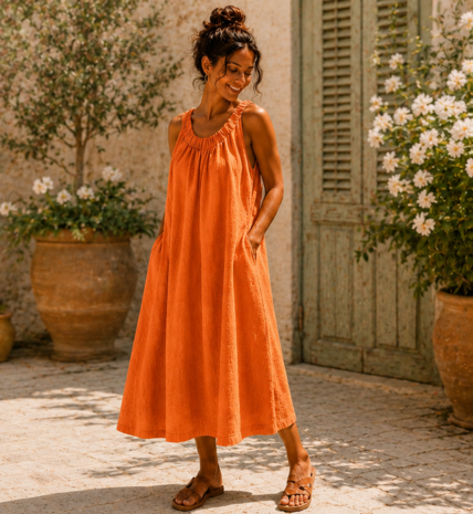 100% linnen Zomerjurk oranje met rekbare hals 