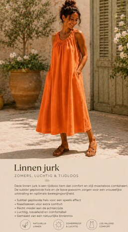 100% linnen Zomerjurk oranje met rekbare hals 