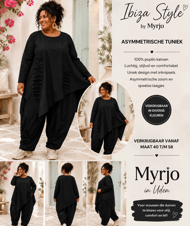Een eigentijdse tuniek zwart met asymmetrische details op voorpand